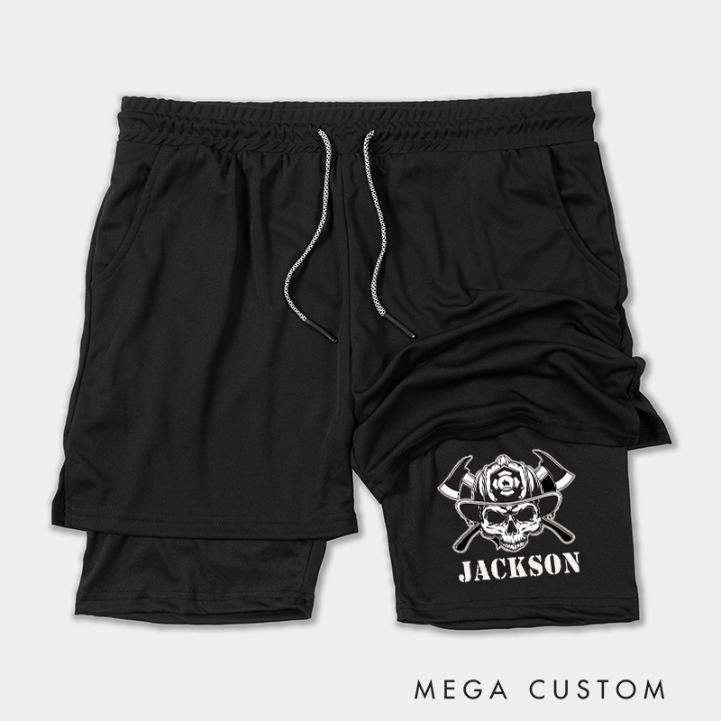Personalized Firefighter 2 in 1 Hybrid Sport Shorts with Skull and Axe Design Gift for Firefighter