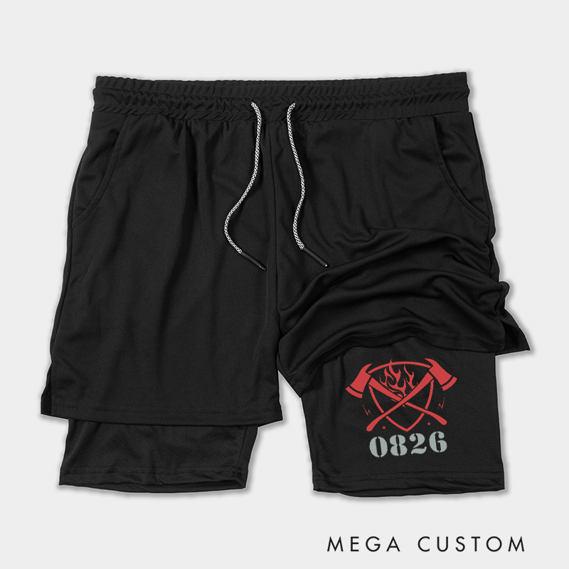 Personalized Firefighter 2 in 1 Hybrid Sport Shorts with Crossed Axes and Flame Design Gift for Firefighter