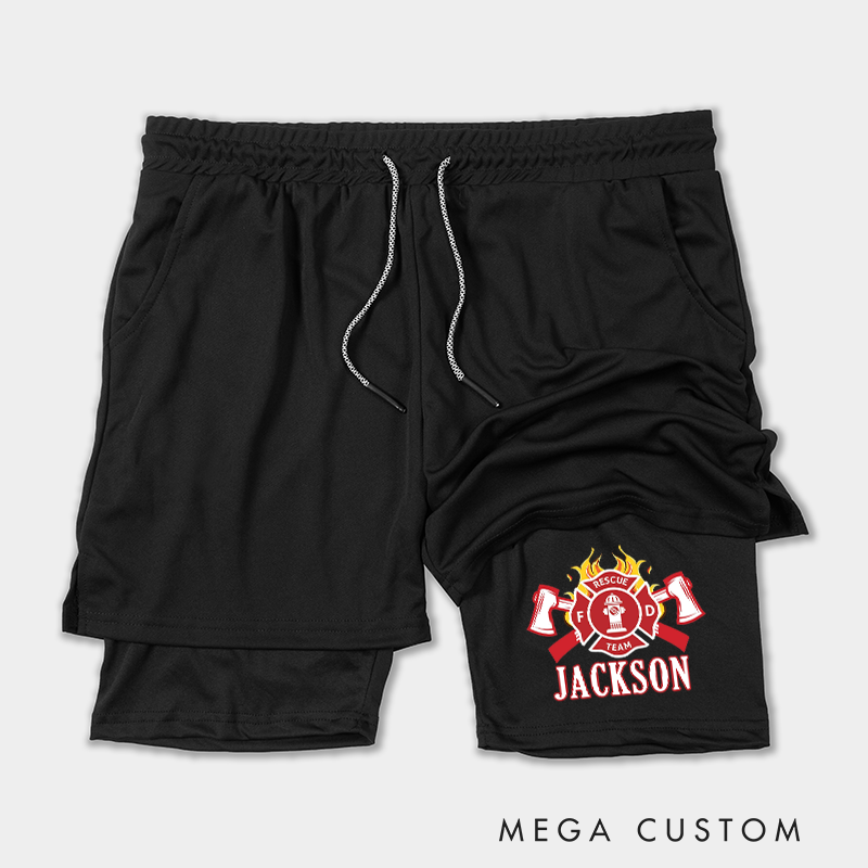 Personalized Firefighter 2 in 1 Hybrid Sport Shorts with Fire Department Emblem Design Gift for Firefighter