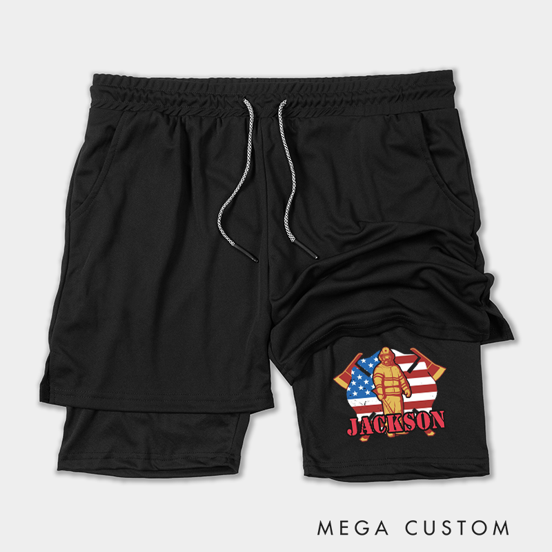Personalized Firefighter 2 in 1 Hybrid Sport Shorts with Firefighter and American Flag Design Gift for Firefighter