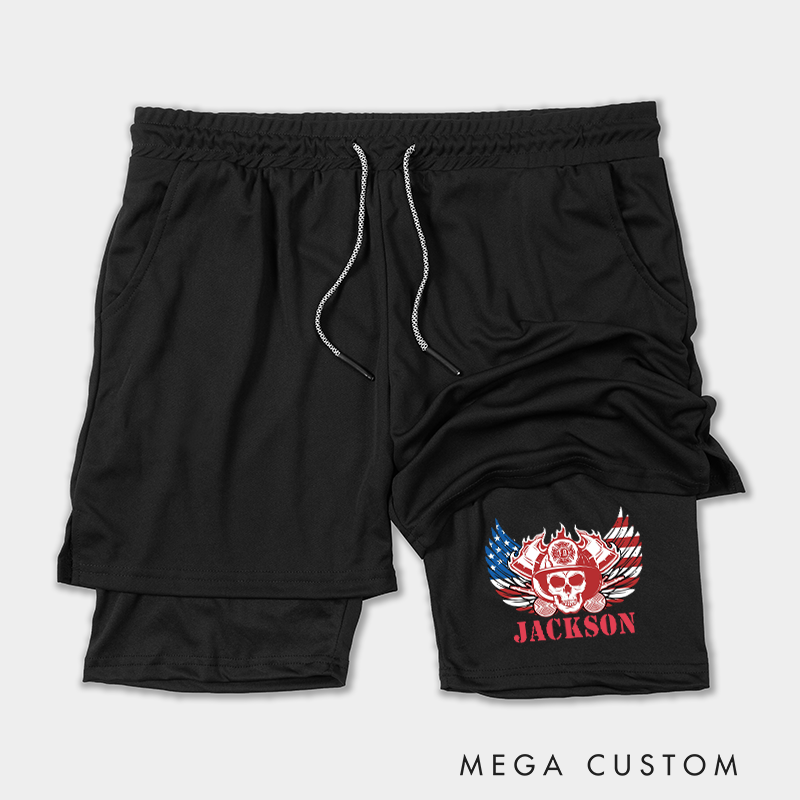 Personalized Firefighter 2 in 1 Hybrid Sport Shorts with Skull and American Flag Wings Design Gift for Firefighter