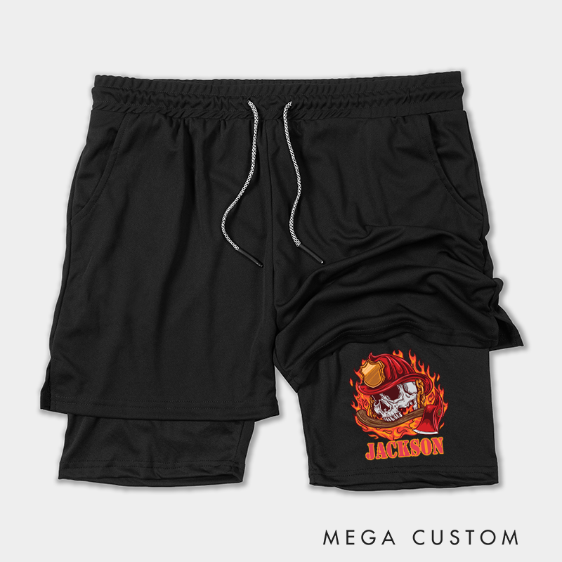 Personalized Firefighter 2 in 1 Hybrid Sport Shorts with Flaming Skull and Helmet Design Gift for Firefighter