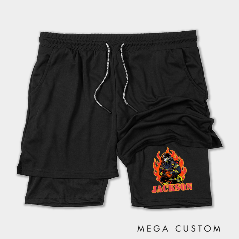 Personalized Firefighter 2 in 1 Hybrid Sport Shorts with Firefighter in Flames Design Gift for Firefighter