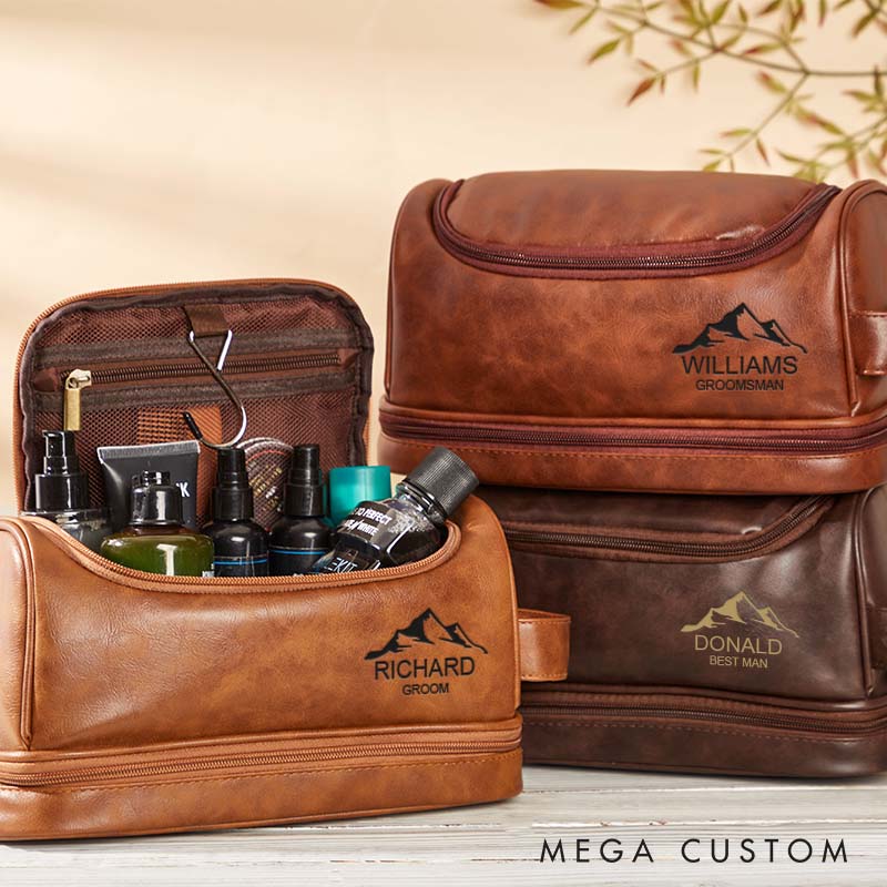 Personalized Groomsmen Toiletry Bag Leather Men’s Dopp Kit Bag Mountain Design Shaving Bag Gift for Groom Wedding Party Favors Travel Bag