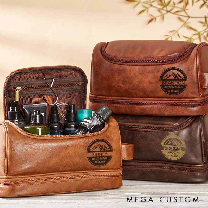 Personalized Groomsmen Leather Dopp Kit Groom Bachelor Party Toiletry Bag Men’s Striking Mountain Design Travel Bag Groomsman Proposal Gift Bag