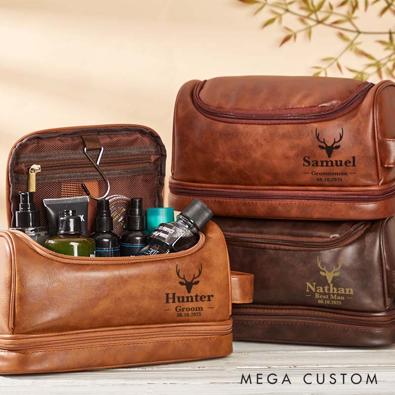 Personalized Groomsmen Leather Toiletry Bag Custom Bachelor Favors Dopp Kit Bag Deer Head Design Wedding Party Proposal Gift Travel Bag
