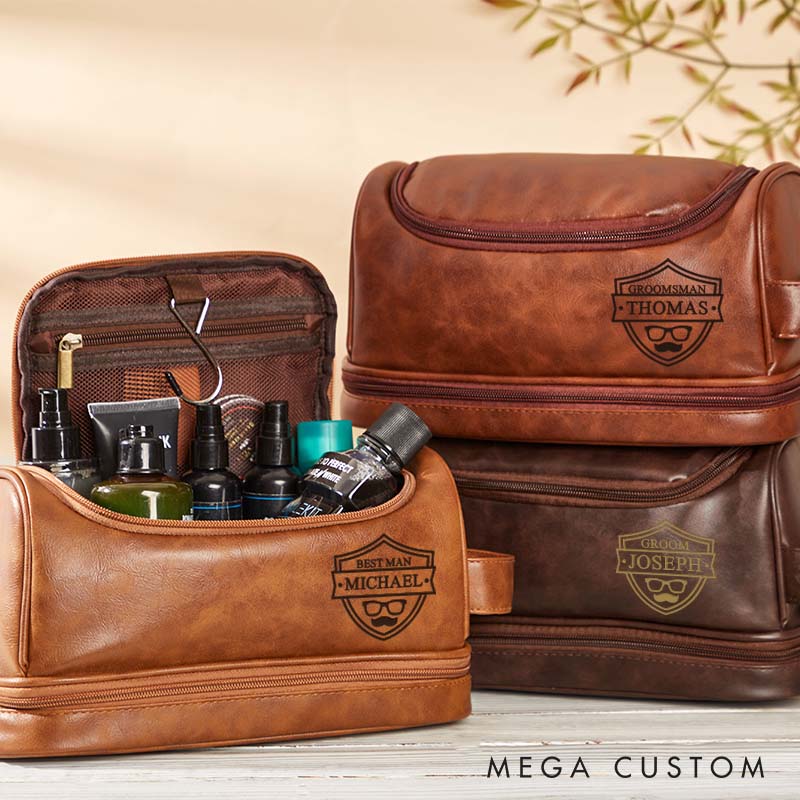 Personalized Groomsmen Leather Dopp Kit Groom Wedding Party Toiletry Bag Best Man Shield Design Travel Bag Men’s Bachelor Favors Makeup Bag