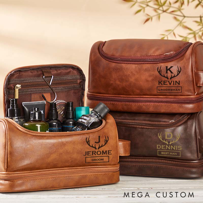 Personalized Groomsmen Leather Toiletry Bag Wedding Party Dopp Kit Bag Antler Groom Gift Travel Bag Men’s Bachelor Favors Makeup Bag