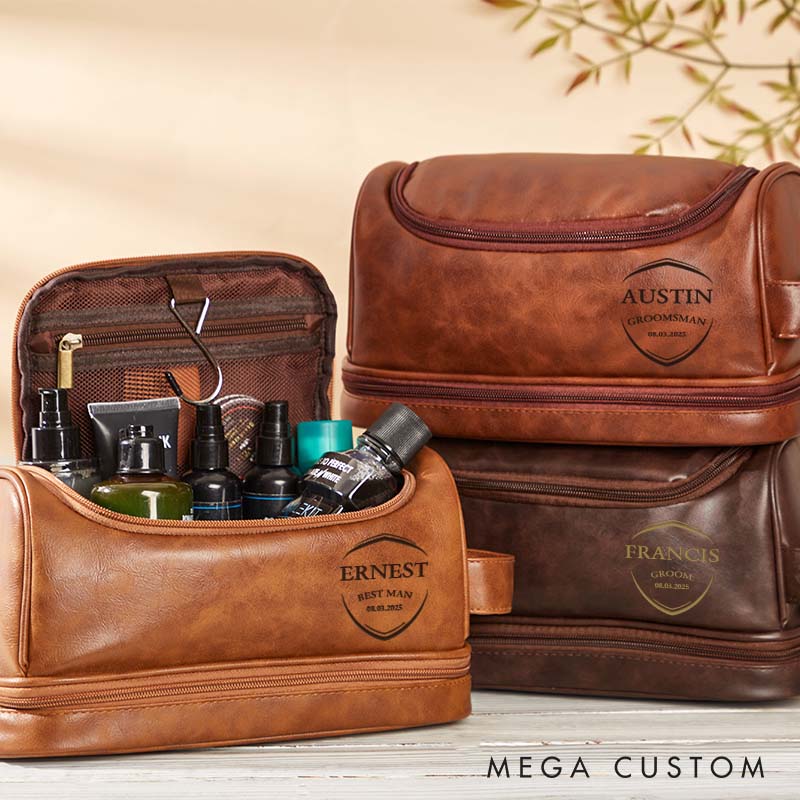 Personalized Leather Toiletry Bag for Groomsmen Men’s Wedding Party Shaving Kit Groom Shield Design Travel Bag Bachelor Favors Bag for Him