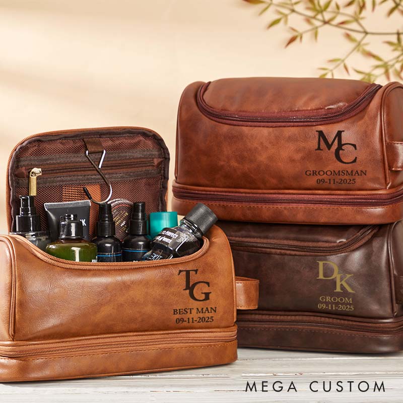 Personalized Men's Leather Toiletry Bag Groomsmen Wedding Party Dopp Kit Bag Modern Initials Shaving Gift Bag for Groom Club