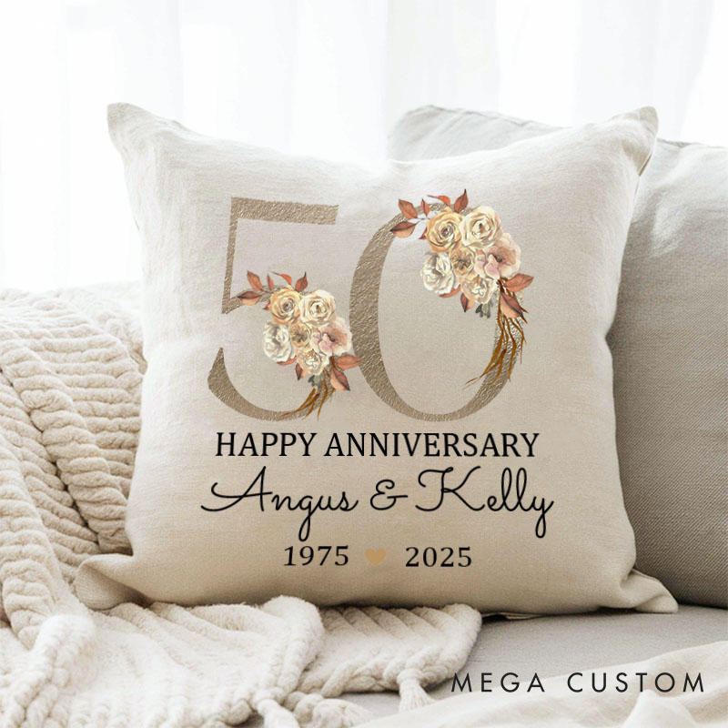 Personalized 50th Anniversary Pillow Couple Golden Wedding Anniversary Pillow Floral Design Couple 50 Years Anniversary Gift for Husband Wife