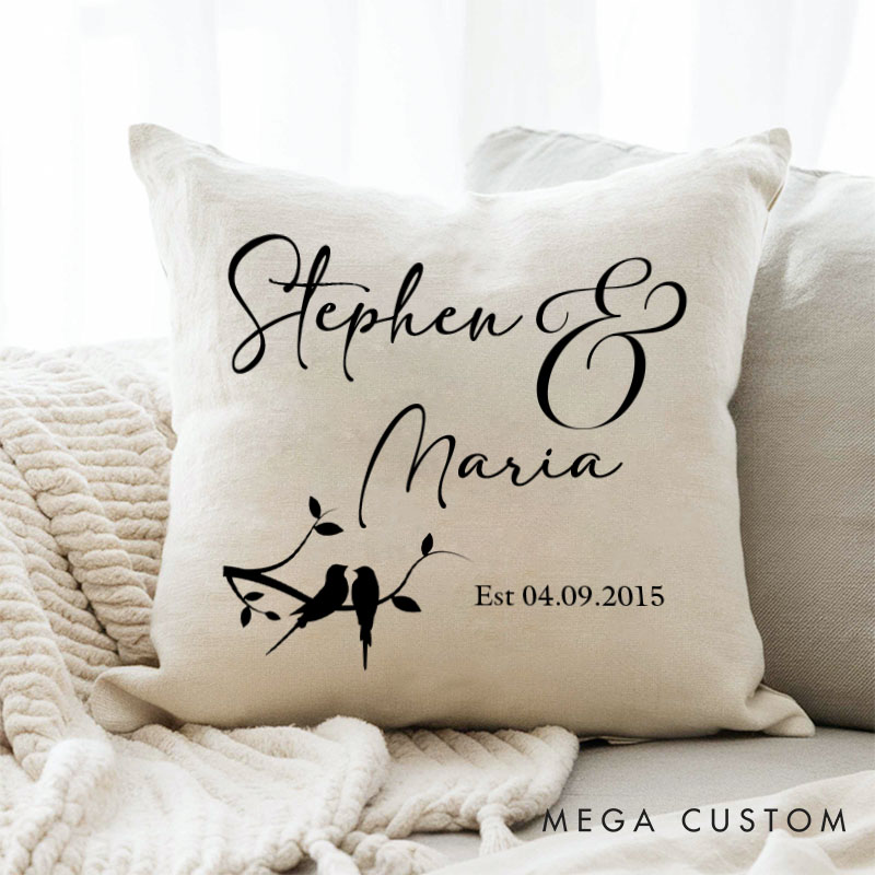 Personalized Love Birds Couple Pillow Custom Wedding Anniversary Gift Pillow for Couple Home Decor Pillow With Name and Date