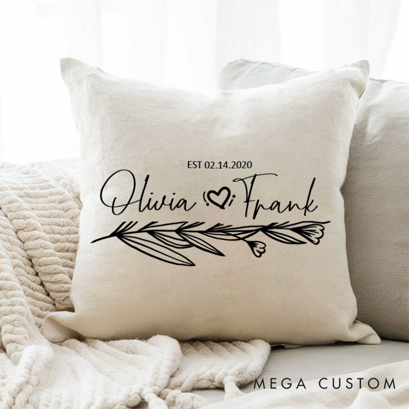 Personalized Couple Anniversary Pillow Wife Husband Wedding Anniversary Pillow Romantic Floral Branch Design Pillow with Name and Date