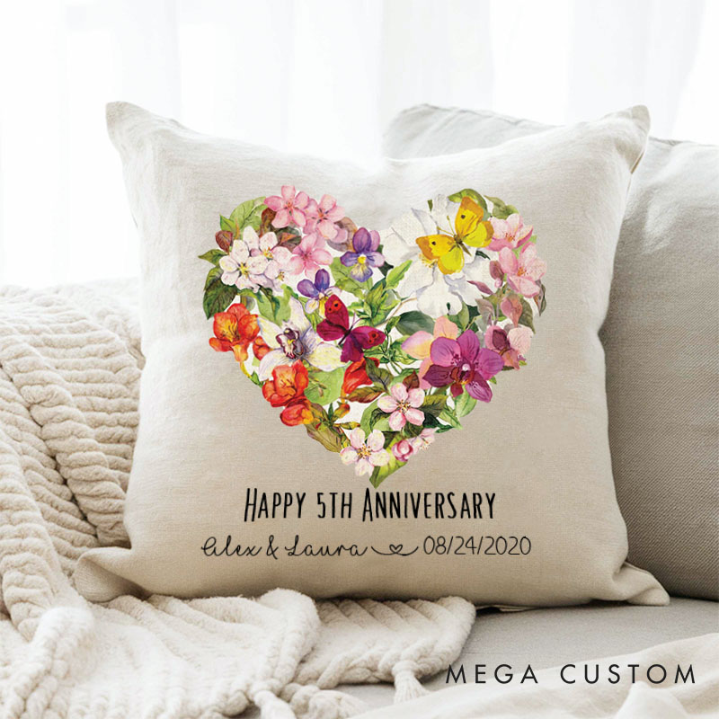 Personalized Floral Heart Anniversary Pillow Couple Wedding Anniversary with Name and Date Romantic Floral Heart Pillow for Him Her
