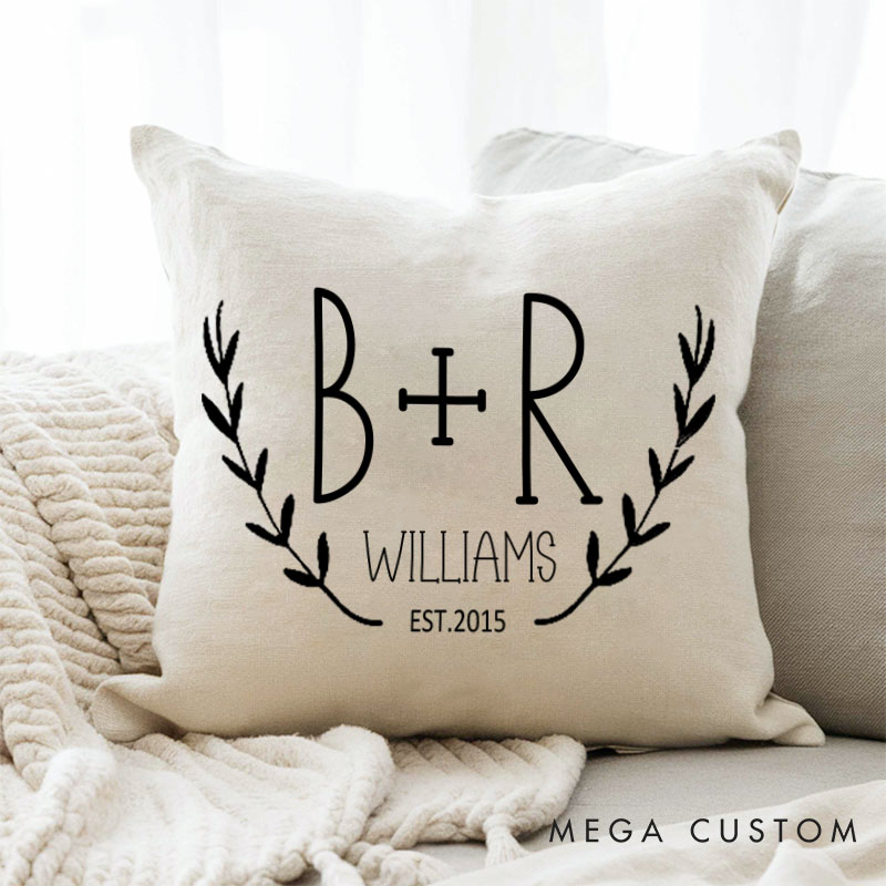 Personalized Couple Initials Pillow Custom Husband Wife Wedding Anniversary Gift Pillow Rustic Laurel Design Anniversary Pillow for Couple