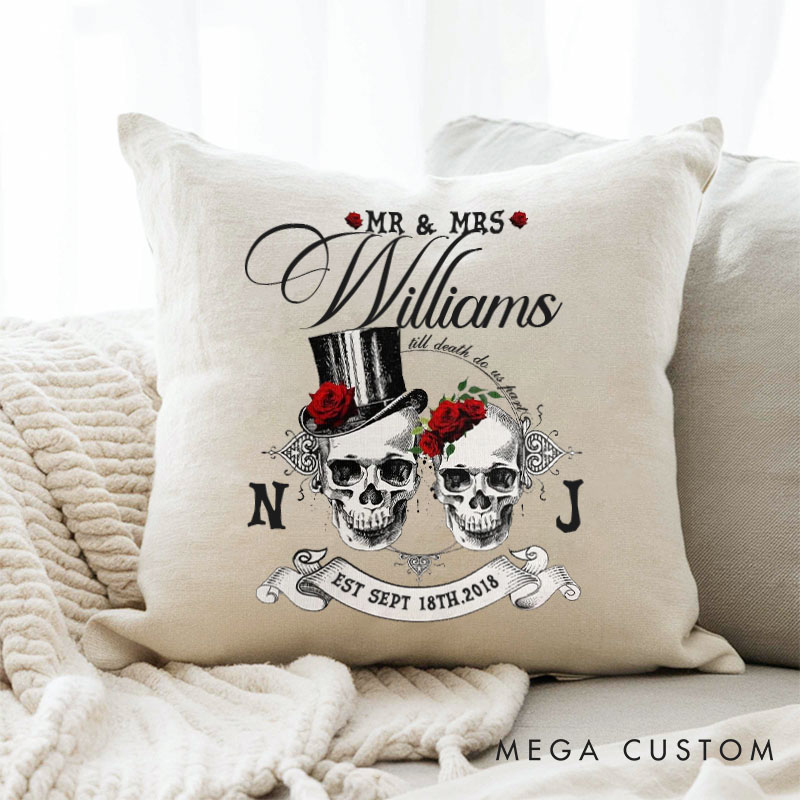 Personalized Gothic Couple Anniversary Pillow Woman Man Wedding Anniversary Pillow Skull Couple Design Pillow with Name and Established Date