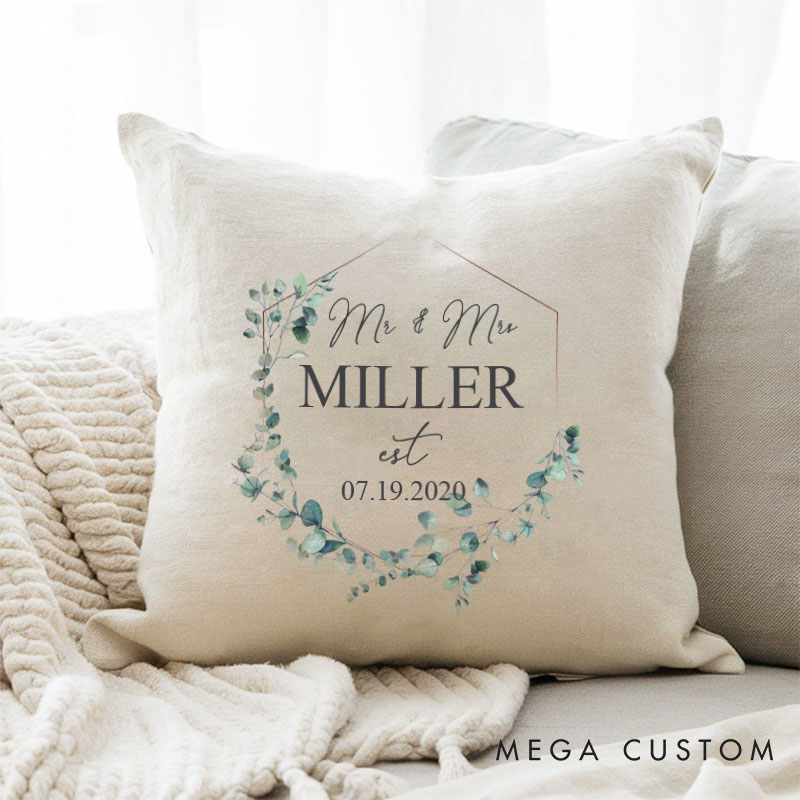 Personalized Mr. and Mrs. Pillow Couple Wedding Anniversary Pillow Elegant Floral Wreath Design Pillow with Name and Date