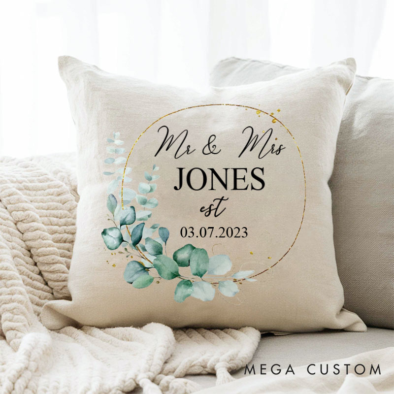 Personalized Mr. and Mrs. Anniversary Pillow Couple Wedding Anniversary Pillow Elegant Greenery Wreath Design Pillow with Name and Date