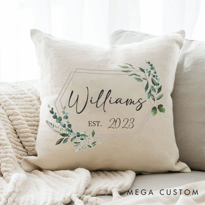 Personalized Couple Anniversary Named Pillow Elegant Greenery Design Pillow with Established Date Husband Wife Anniversary Gift Pillow