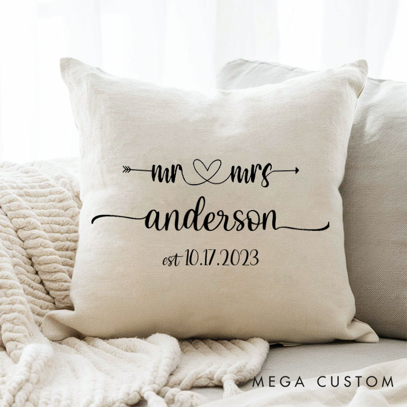 Personalized Mr. and Mrs. Pillow Couple Anniversary Pillow for Husband Wife Elegant Arrow and Heart Design Pillow with Last Name and Date