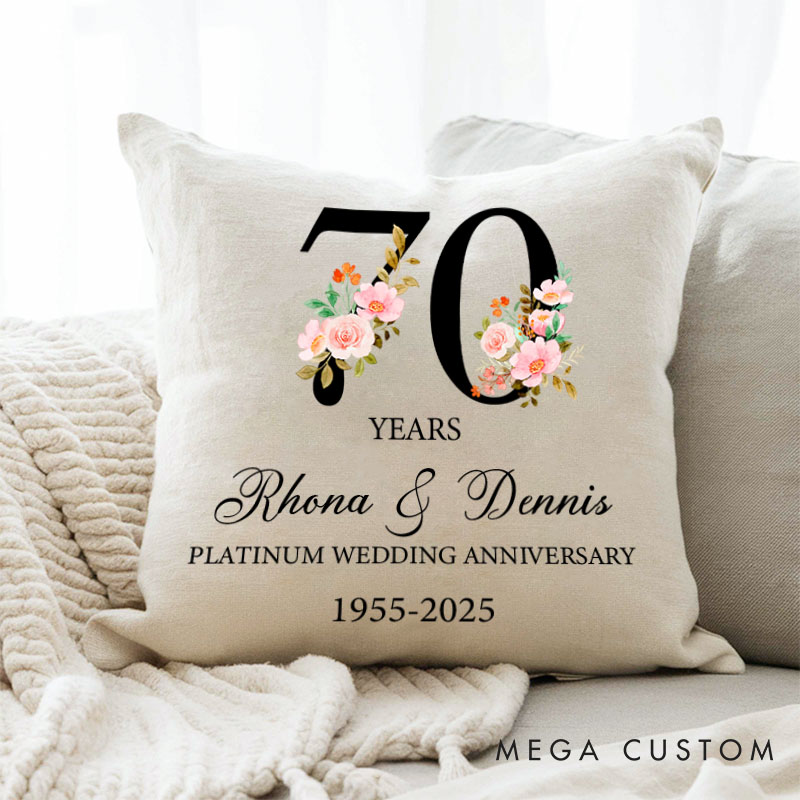Personalized 70th Anniversary Pillow Couple Platinum Wedding Anniversary Gift Pillow Floral Number Design Pillow for Husband Wife