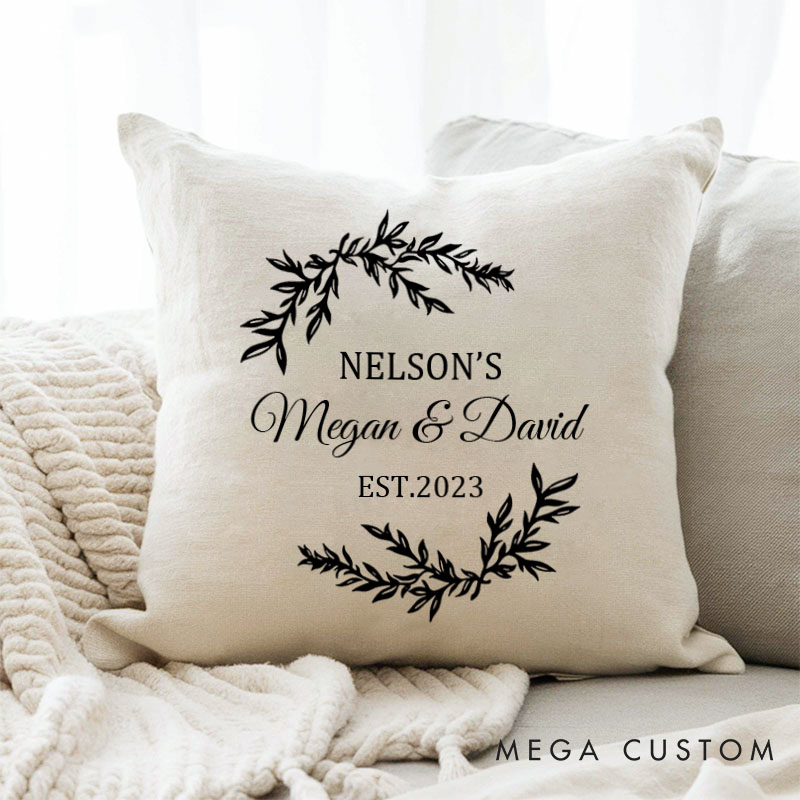 Personalized Couple Wedding Anniversary Pillow Husband Wife Cotton Anniversary Pillow Elegant Wreath Design Pillow with Names and Date