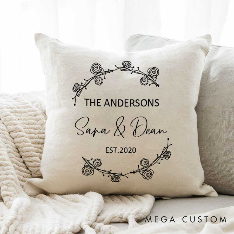 Personalized Couple Wedding Anniversary Pillow Rose Wreath Design Pillow with Names and Year Husband Wife Anniversary Gift