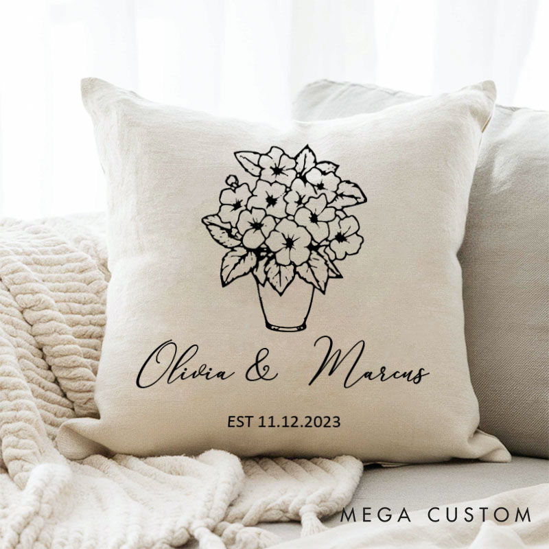 Personalized Floral Couples Pillow Couple Wedding Anniversary Gift Pillow for Her Him Elegant Design Pillow with Names and Established Date