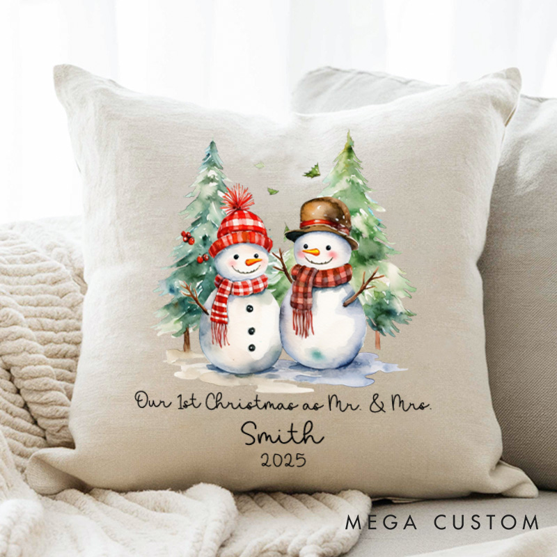 Personalized Couple Our First Christmas as Mr. and Mrs. Pillow Newlyweds Name Pillow Xmas Snowman and Tree Pillow 2025 Husband Wife Pillow for Him Her