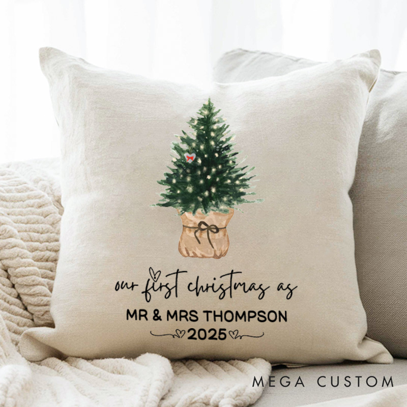 Personalized Couple Our First Christmas as Mr. and Mrs. Pillow Newlyweds Name Pillow Xmas Tree and Heart Pillow 2025 Husband Wife Pillow for Him Her