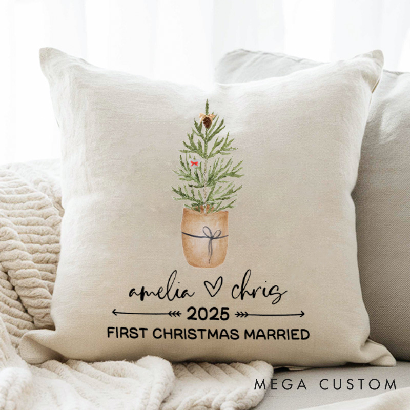 Personalized Couple First Christmas Married Pillow Newlyweds Name Pillow Xmas Tree and Heart Pillow 2025 Hubby Wifey Husband Wife Pillow for Him Her