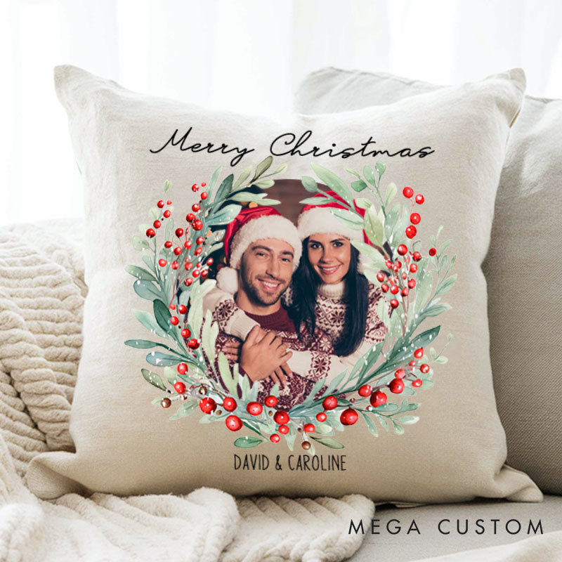 Personalized Couple Merry Christmas Wreath Pillow with Photo Custom Name Pillow Boyfriend Girlfriend Xmas Pillow Husband Wife Pillow for Him Her