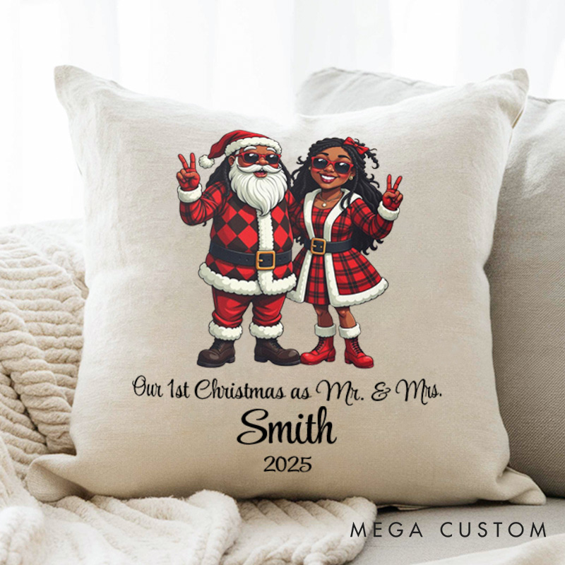 Personalized Santa Couple Our First Christmas as Mr. and Mrs. Pillow Newlyweds Name Pillow Xmas Pillow Hubby Wifey Husband Wife Pillow for Him Her