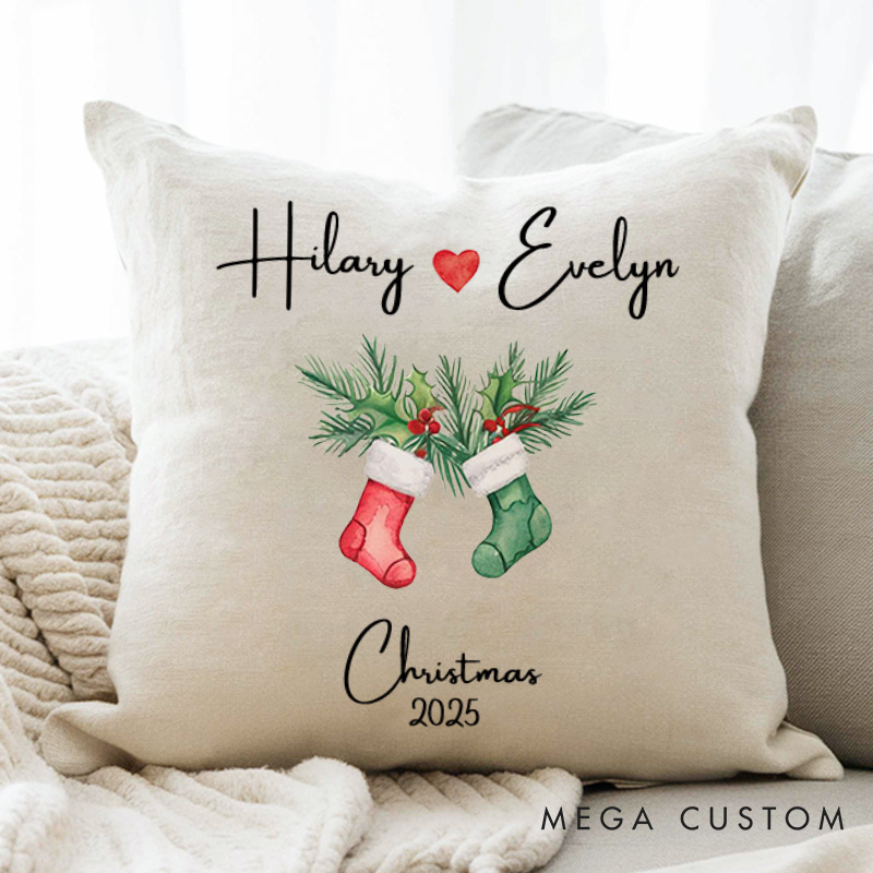 Personalized Couple Christmas Stocking Pillow Custom Couple Name with Heart Pillow Xmas Pillow Boyfriend Girlfriend Husband Wife Pillow for Him Her