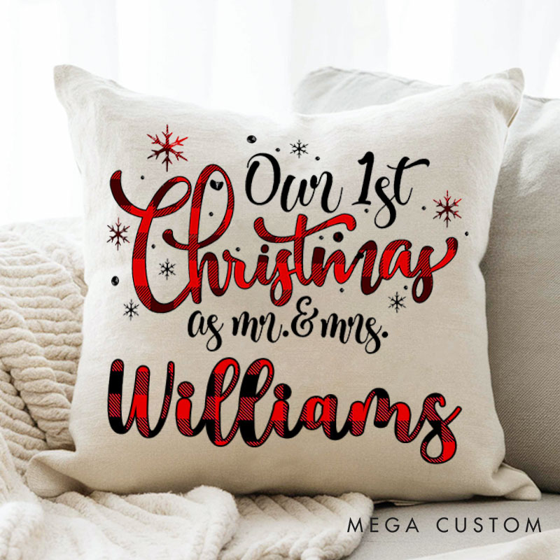 Personalized Couple Red Plaid Our First Christmas as Mr. and Mrs. Pillow Newlyweds Name Pillow Xmas Pillow Hubby Wifey Husband Wife Pillow for Him Her