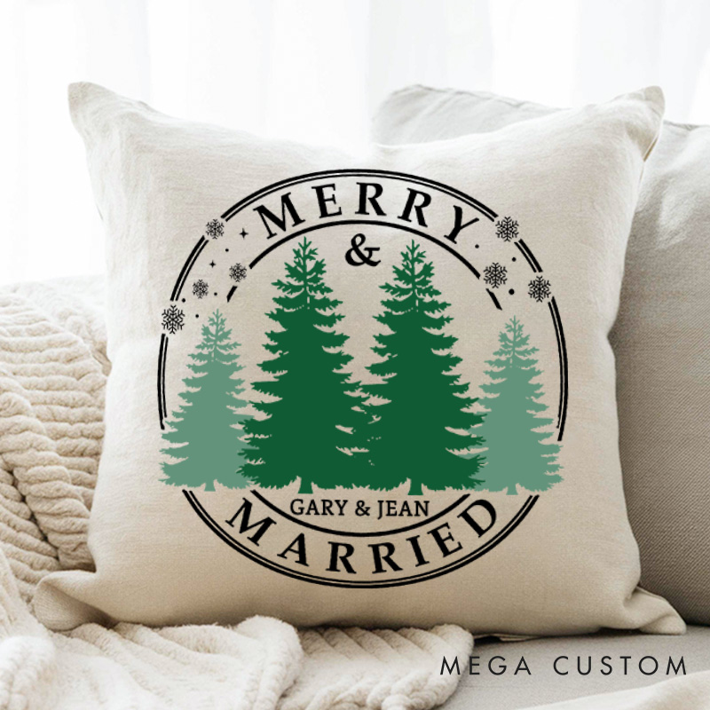 Personalized Couple Merry and Married Christmas Pillow Custom Newlyweds Name Pillow Xmas Tree Pillow Hubby Wifey Gift Husband Wife Pillow for Him Her