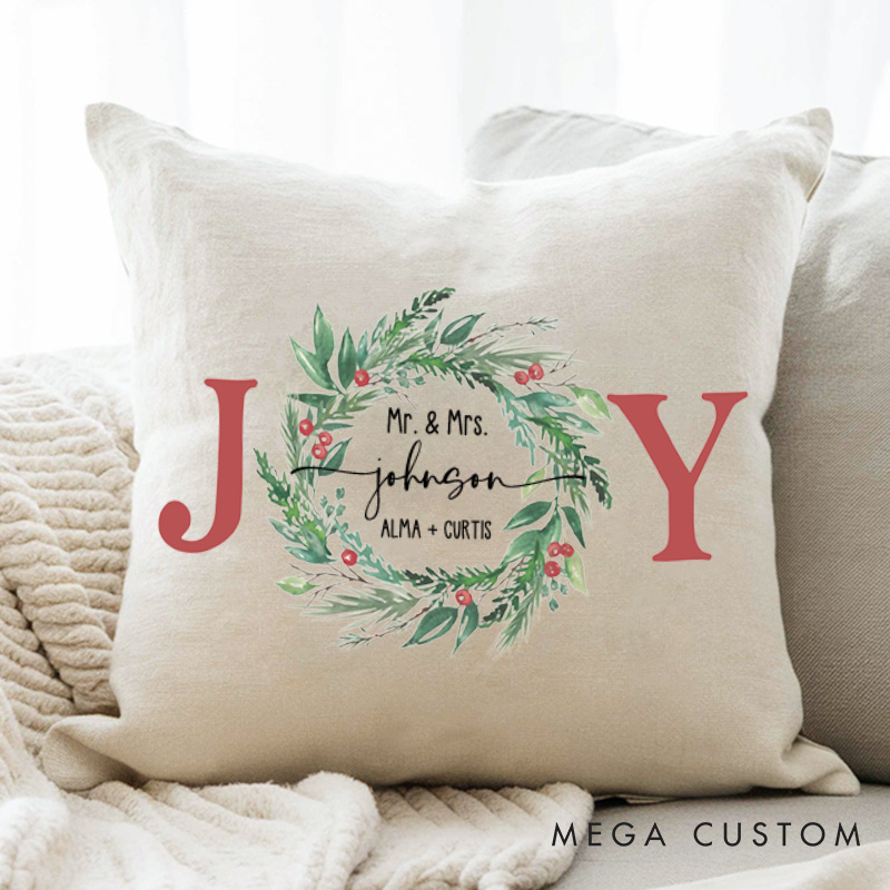 Personalized Couple JOY with Wreath Christmas Pillow Custom Newlyweds Name Pillow Mr. and Mrs. Xmas Pillow Hubby Wifey Husband Wife Pillow for Him Her