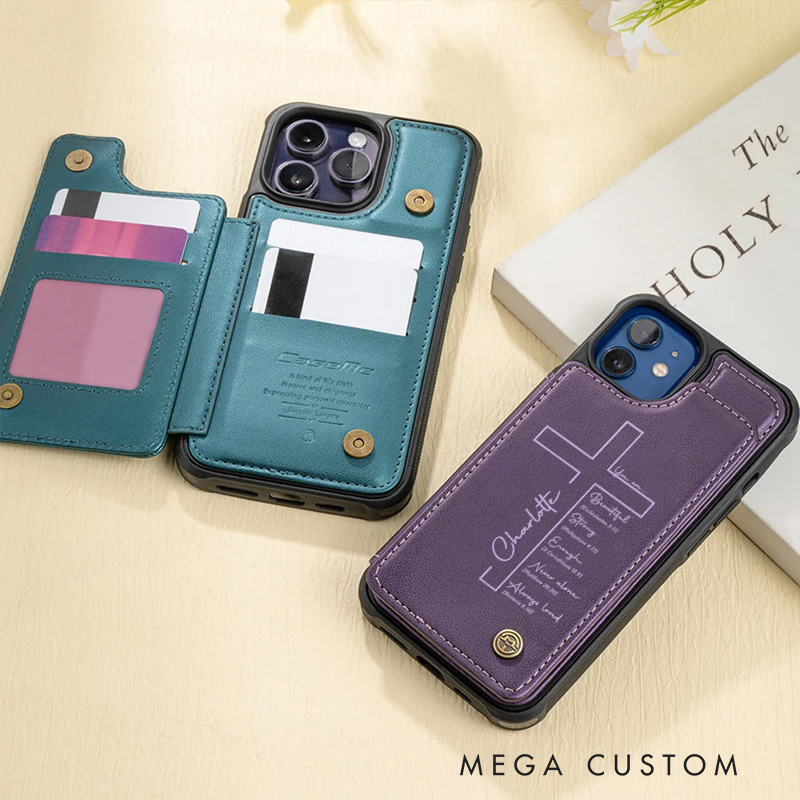 Personalized Cross Bible Leather Flip Wallet Phone Case for iPhone with Name RFID Blocking Card Holder Baptism Birthday Gift for Christian