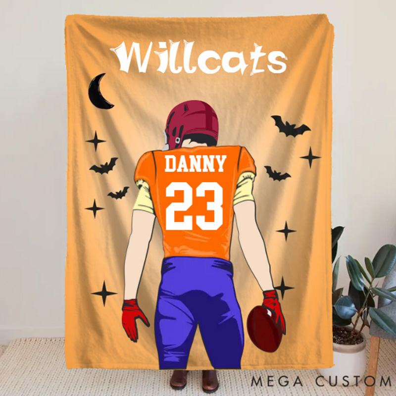 Personalized Halloween Football Spirit Blanket with Your Name and Jersey Number, Celebrate Your Star Player