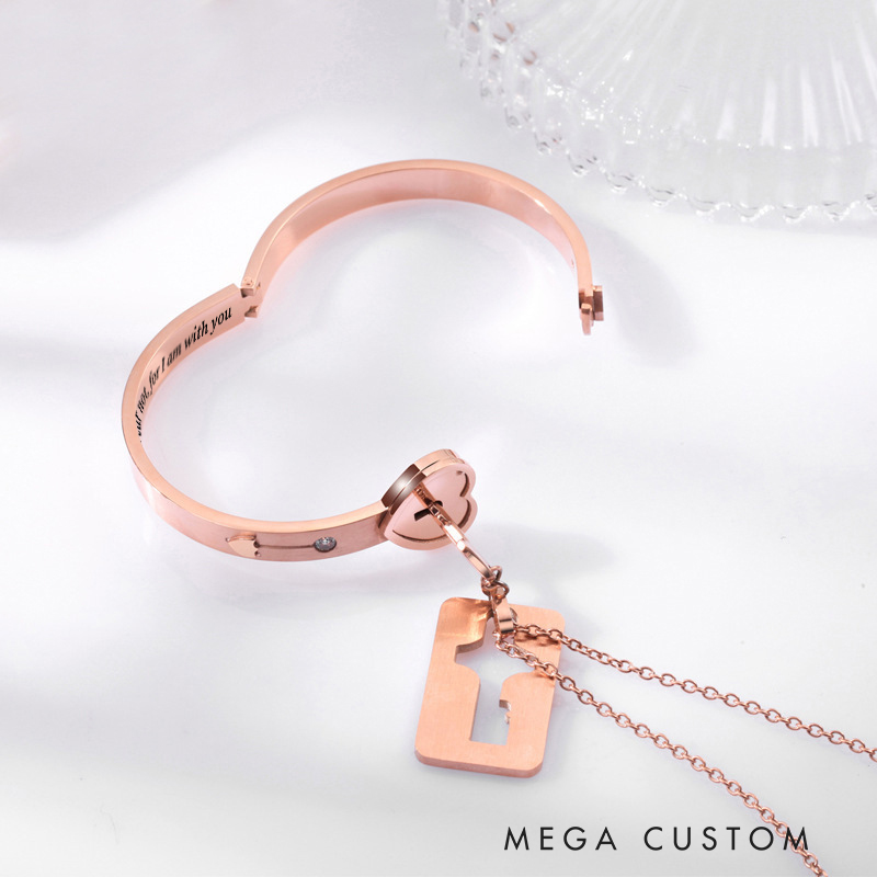 Personalized Cross Key Necklace Unlock Heart Bracelet Set with Engraved Text Christening Birthday Anniversary Gift for Women Believers