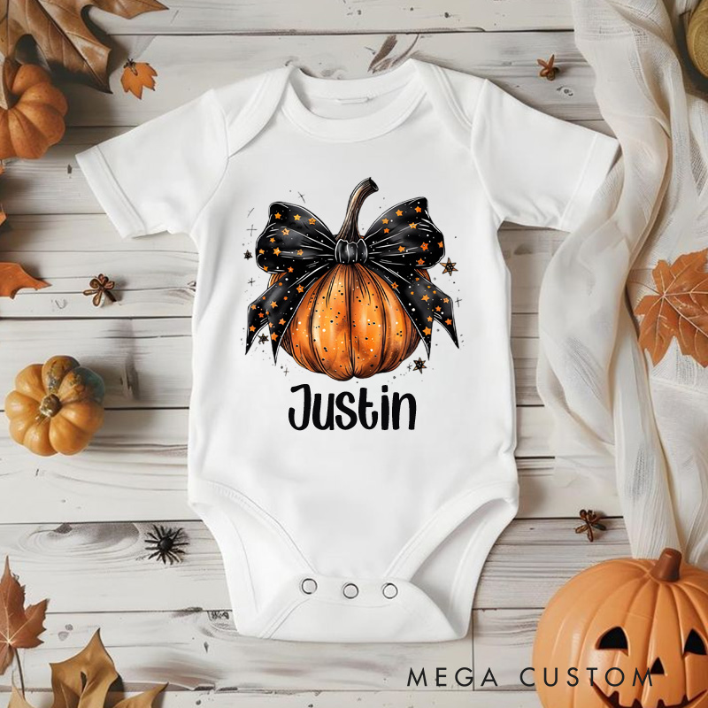 Personalized Pumpkin Bow Design Baby Bodysuit with Name Halloween Baby Shower Gift for Baby Newborn