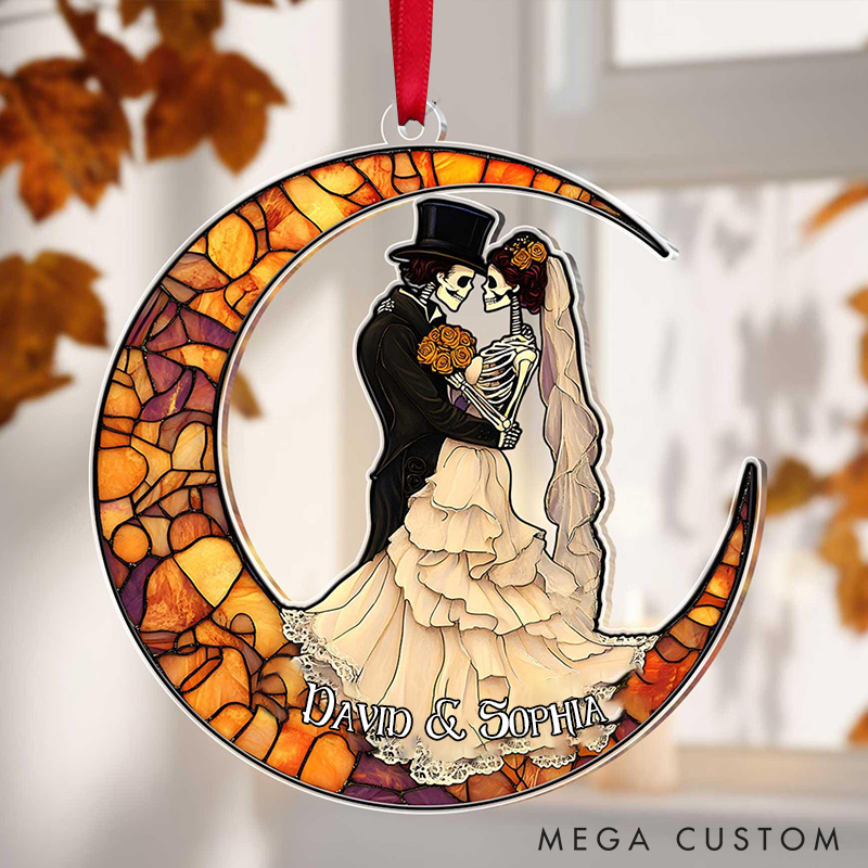 Personalized Skeleton Bride and Groom Ornament Couple Halloween Ornament Eternal Love Crescent Ornament for Husband Wife Boyfriend Girlfriend