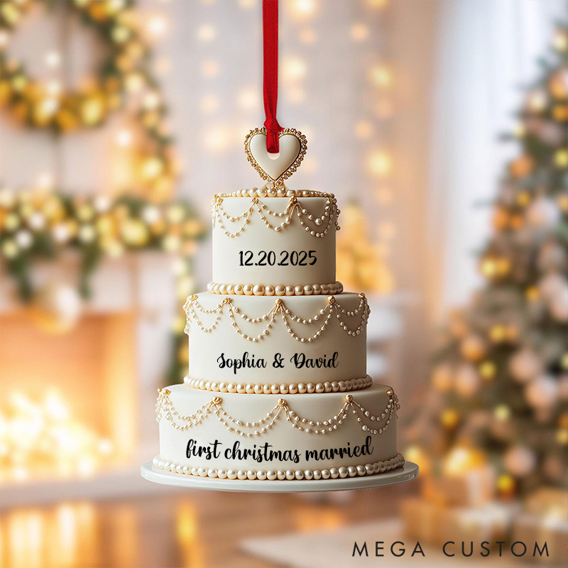 Personalized First Christmas Married Ornament Couple Wedding Cake Christmas Ornament Acrylic 2D Flat Cake Christmas Ornament for Couple