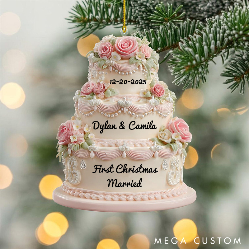Personalized First Christmas Married Ornament Romantic Floral Wedding Cake Christmas Ornament Couple Acrylic 2D Flat Flower Cake Christmas Ornament
