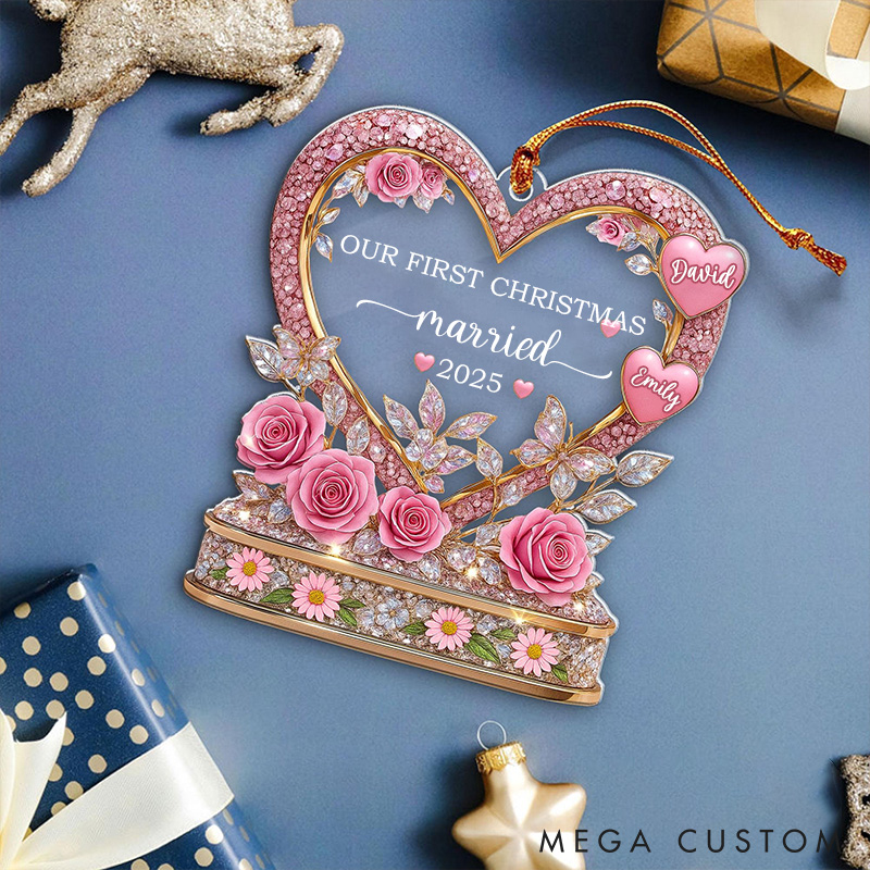 Personalized First Christmas Married Ornament Heart with Roses Christmas Ornament Couple Flowers Acrylic 2D Flat Christmas Ornament