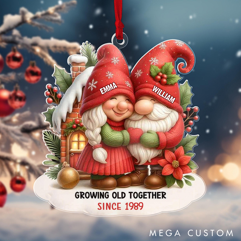Personalized Couple Growing Old Together Ornament Adorable Gnome Couple Christmas Ornament Acrylic 2D Flat Husband Wife Xmas Ornament