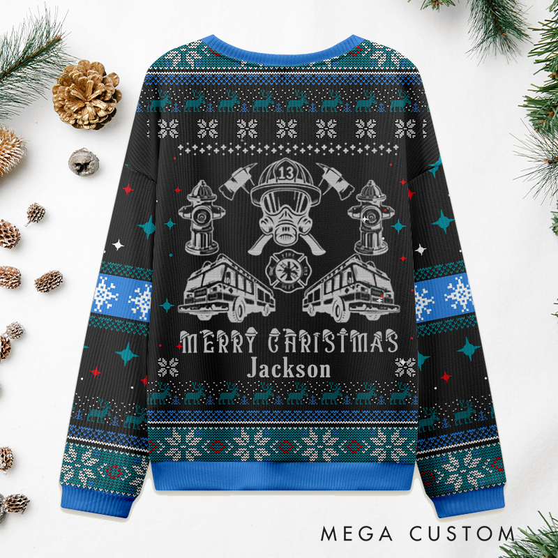 Personalized Firefighter Ugly Christmas Sweater Merry Christmas Sweatshirt Gift for Firefighter
