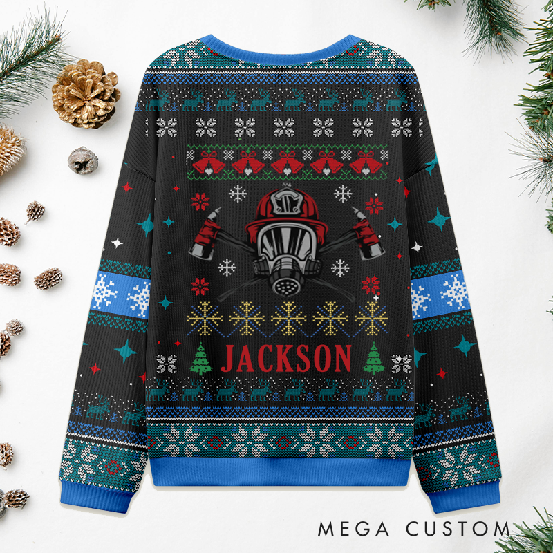 Personalized Firefighter Christmas Sweater Firefighter Mask Snowflakes Sweatshirt Gift for Firefighters