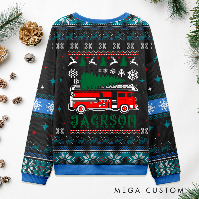 Personalized Firefighter Christmas Sweater Fire Truck Christmas Tree Sweatshirt Gift for Firefighters