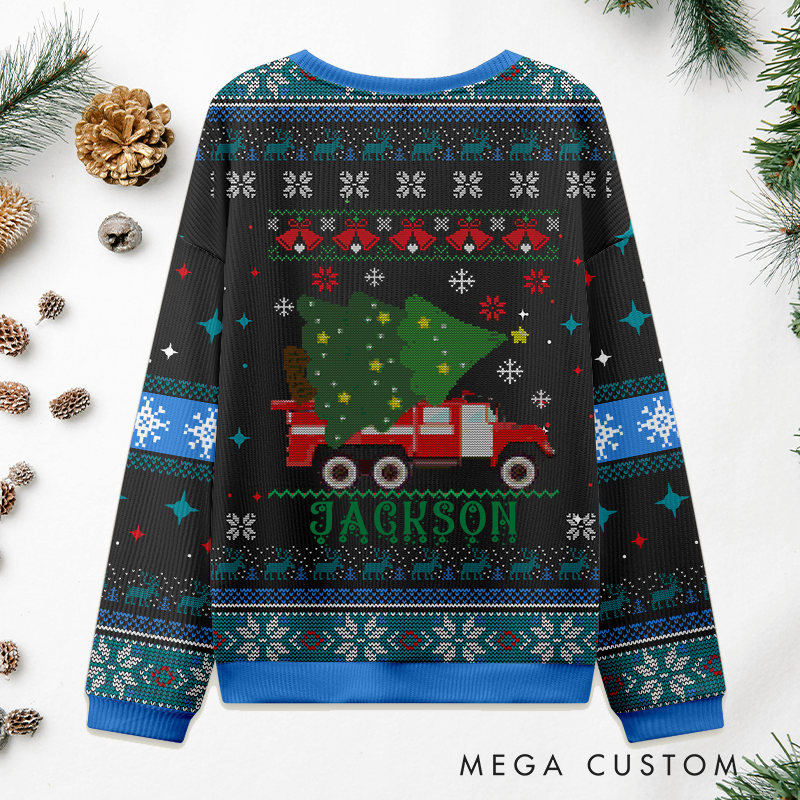 Personalized Firefighter Christmas Sweater Fire Truck Carrying Christmas Tree Sweatshirt Gift for Firefighters